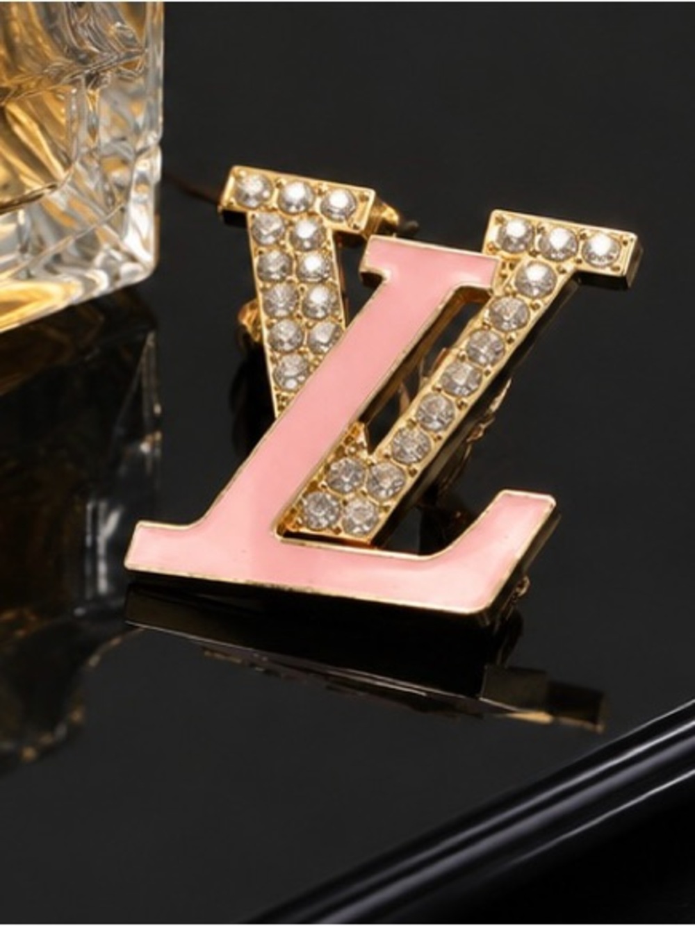 Pink & Gold-Tone Rhinestone Monogram-Style Brooch – Statement Pin - Picture 3 of 5